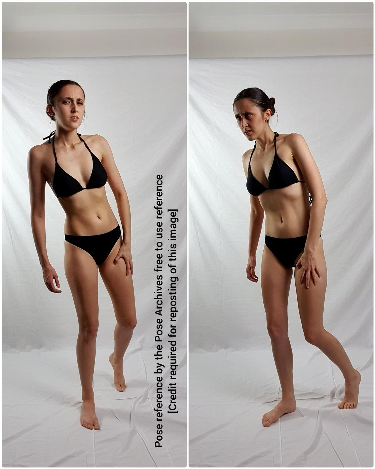a woman in a black bikini is posing against a white background. the image is a reference for artists.