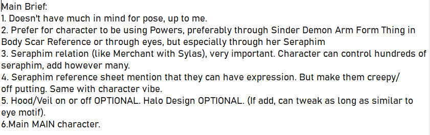 the image contains a text document outlining a character design brief. it details various aspects of the character's appearance, abilities, and personality.