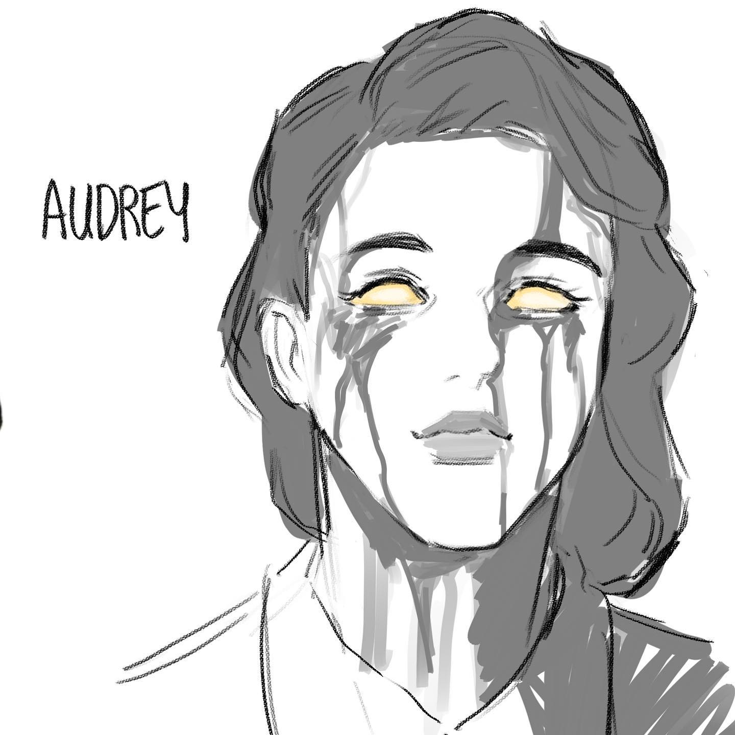 a black and white sketch of a woman named audrey. she has short wavy hair and dark liquid, possibly tears,  streaming down her face from her glowing eyes.  she appears calm with a slight smile.