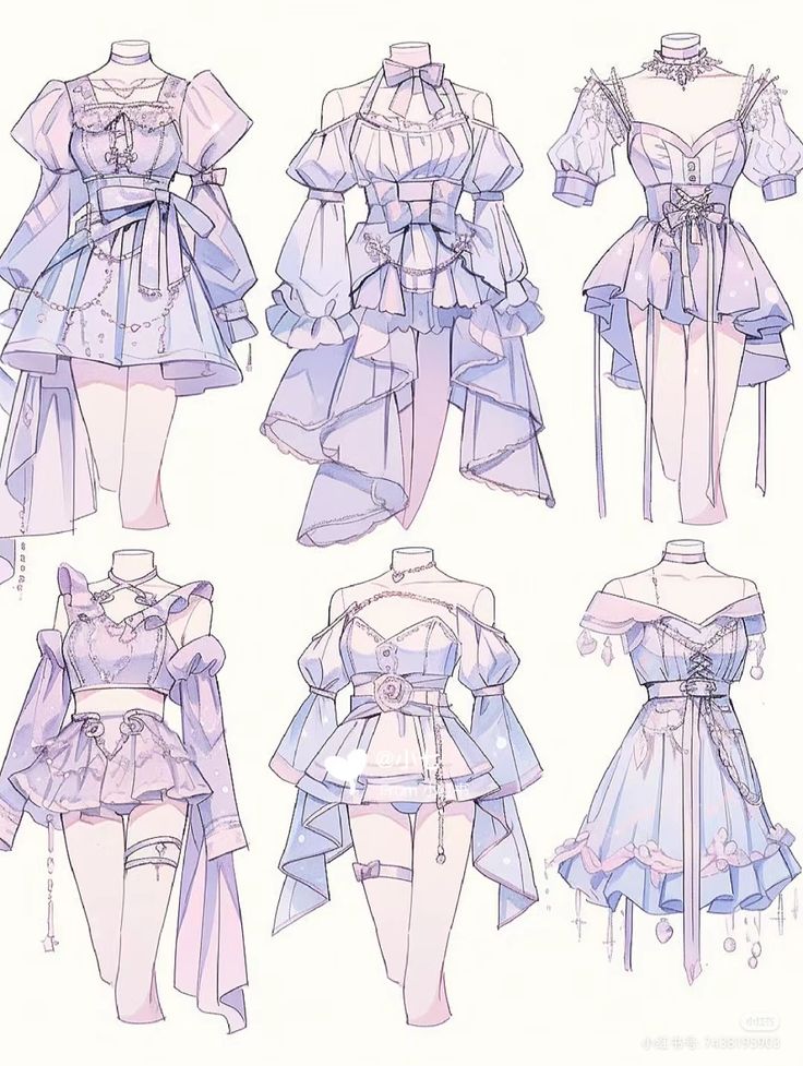 a digital illustration featuring six variations of a whimsical, feminine dress design. each design showcases different sleeve styles, skirt lengths, and embellishments, all rendered in a soft, pastel purple color scheme.