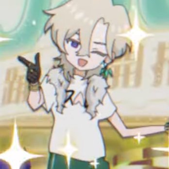 this is a digital illustration of an anime girl with white hair, wearing a white shirt with green pants. she is smiling and winking, with sparkles surrounding her. she is standing in a background that is mostly light and glowy, with some details of green and white.