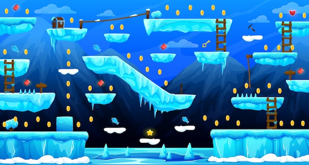 this is a 2d platformer game level set in an icy, arctic environment. the level is made up of various ice platforms, ladders, ropes, and other elements. there are also gold coins, gems, and other collectibles scattered throughout the level. the background features a bright blue sky, white clouds, and snowcapped mountains. the overall color palette is bright and cheerful.