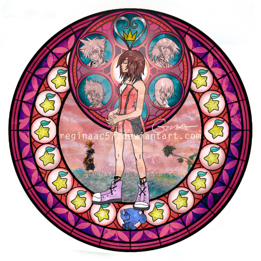 the image depicts a digital illustration styled like a circular stained glass window. the central figure is sora from the video game series kingdom hearts.  sora is shown from the knees up, facing forward. surrounding sora are smaller circular portraits of other major characters from the series: riku, kairi, roxas, and namine.  these portraits are set against a stylized sunset backdrop.  interspersed among these portraits are stylized star fruit, a recurring symbol from the games.  the entire design is set against a black background, further emphasizing the stained glass effect.