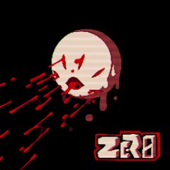 the image features a pale, circular face against a black background. its eyes are wide and staring, and its lips are small and red. red lines emanate from the face, resembling blood splatters. the face appears to be melting or dripping, with red substance falling from its chin. the word "zero" is written in blocky, red letters below the face.