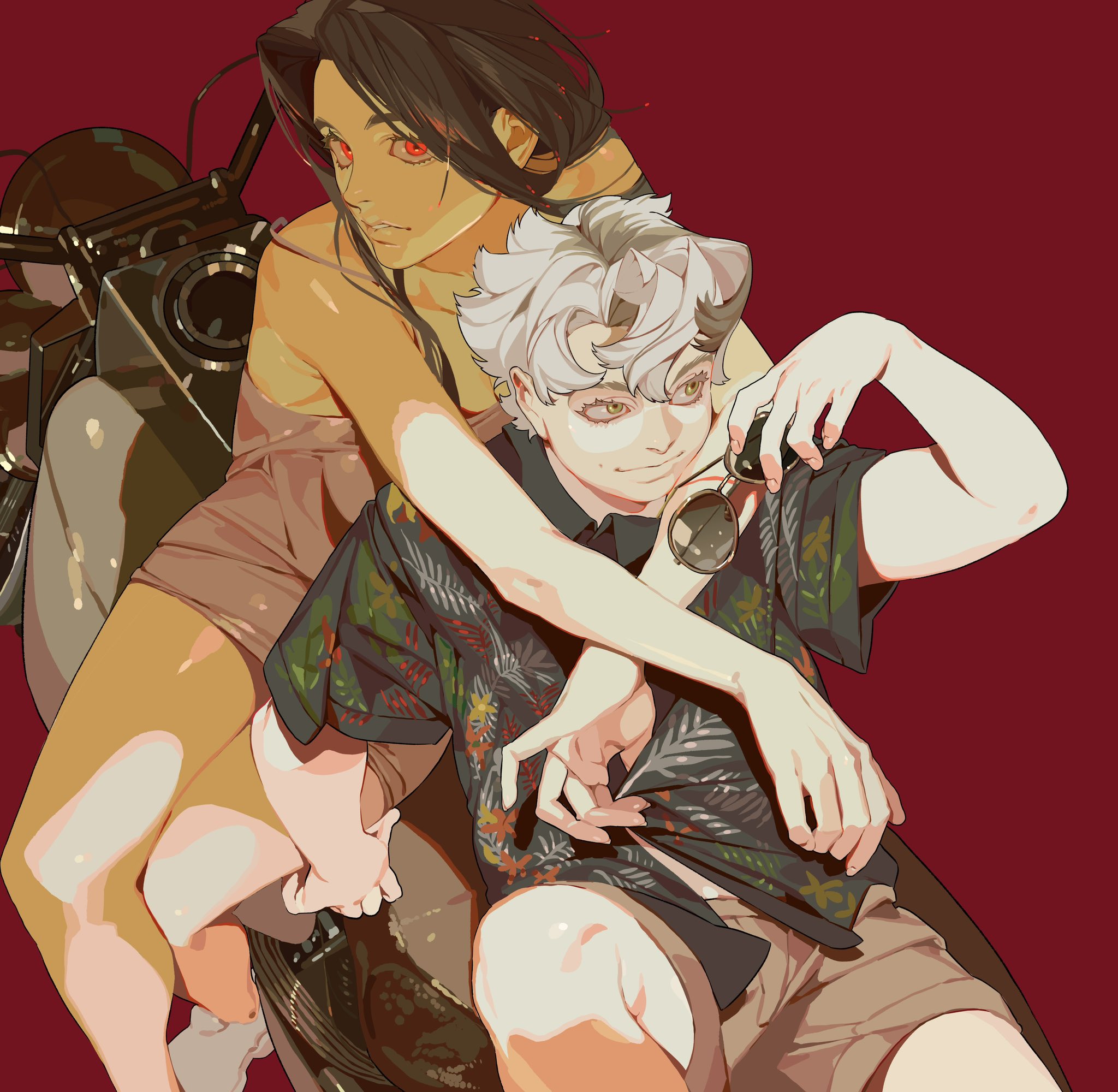 an illustration of a couple posing on a motorcycle. the woman is tanskinned with long dark hair and red eyes, wearing a mini dress. the man has light skin, short white hair with small horns, wearing a floral shirt and brown shorts, holding sunglasses. they are sitting on a motorcycle with a red background.
