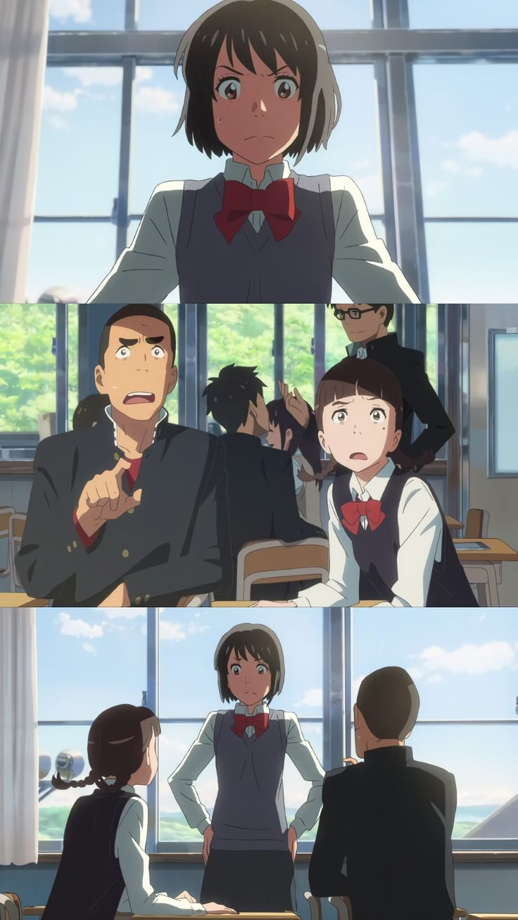 the image is a split panel of scenes from an anime, with the first panel showing a young woman with red bowtie and brown hair standing with her arms crossed in a classroom. the second panel shows the same woman sitting at a desk with a young man in a black uniform, both looking to the right, along with two other young men behind them. in the final panel, the young woman stands again with arms crossed, but this time, she is facing a young man in a black uniform, while another young woman in a dark blue uniform sits in the foreground.
