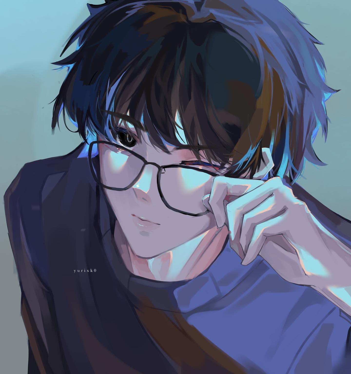 the image is a digital painting or illustration of an animestyle young man. he has short, dark blue hair,  is wearing glasses, and a dark blue/purple shirt. his expression is somewhat mysterious, a hint of a smirk, and he's gently touching his glasses with one hand. the art style is soft, with muted blues and purples dominating the color palette. the lighting suggests an evening or nighttime setting, with a glow around his glasses and face. the overall mood is calm and stylish.  the artist's signature "yurisko" is subtly placed on the shirt.