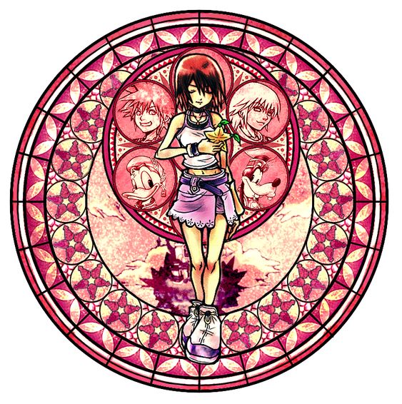 the image is a circular stained glass portrait of kairi from the video game series kingdom hearts. she is standing in the center holding a paopu fruit, framed by intricate patterns. smaller portraits of sora and riku are above her, with donald and goofy below. they are all set against a backdrop of a cloudy sky and a distant castle. the art style is reminiscent of traditional stained glass windows, with bold outlines and vibrant colors. the lighting is bright and soft, giving the image an ethereal and dreamlike quality.