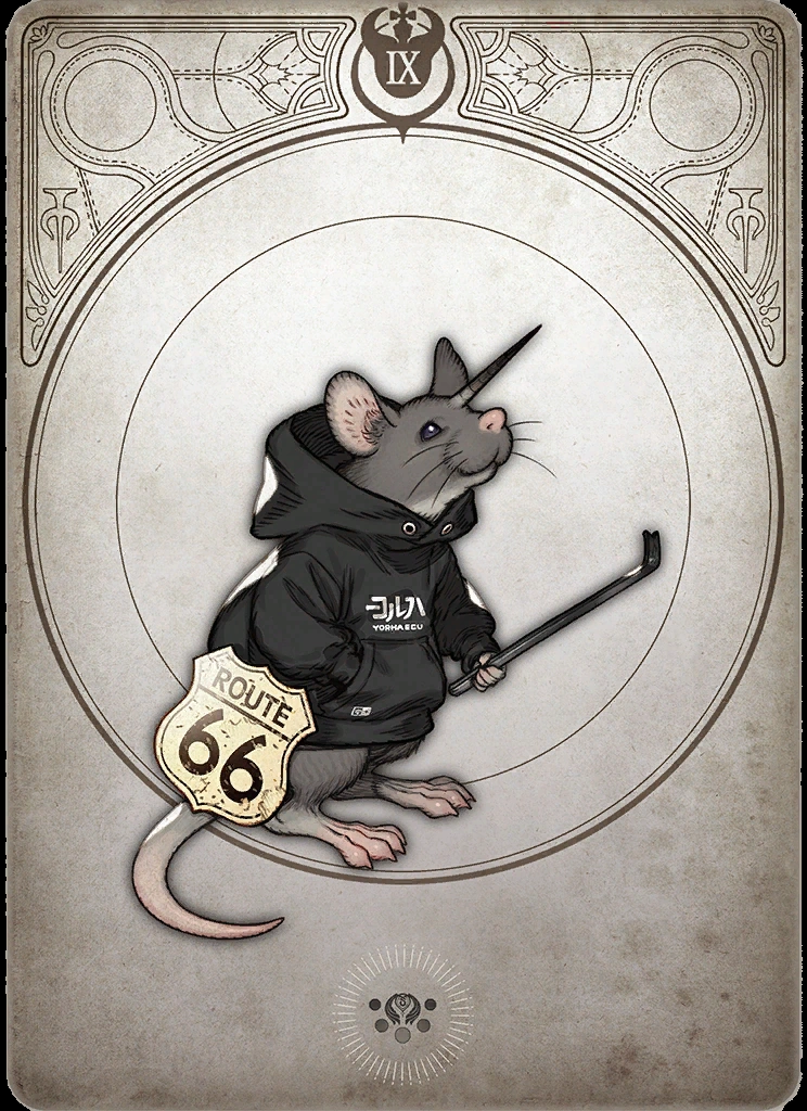 the illustration is a tarot card depicting a rat wearing a black hoodie with japanese text, holding a crowbar. it's standing on a route 66 sign. the rat has a single, spiraling horn on its forehead, giving it the appearance of a unicorn. the style of the illustration is detailed and whimsical, with a vintage, slightly muted color palette. the background is an ornate, symmetrical design reminiscent of traditional tarot cards.