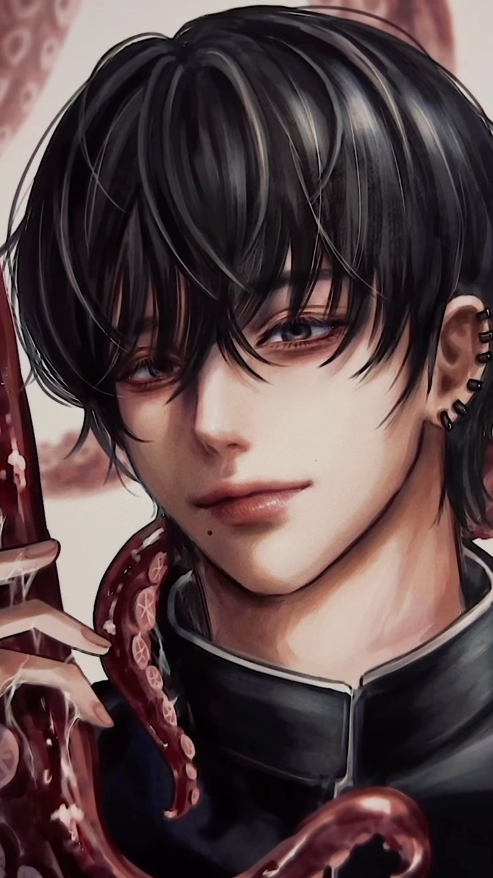 the image is a closeup digital painting of a young animestyle boy. he has dark, slightly messy hair with bangs falling over his forehead, and his expression is a subtle smirk or confident look. he is wearing a darkcolored school uniform with a high collar.  his ears are adorned with several small piercings.  the most striking detail is the large, partially visible octopus tentacle that he is holding or interacting with. the overall style is dark, detailed, and slightly mysterious, with a focus on the boy's features and the contrast between him and the creature. the color palette leans toward dark tones, emphasizing the moody atmosphere.