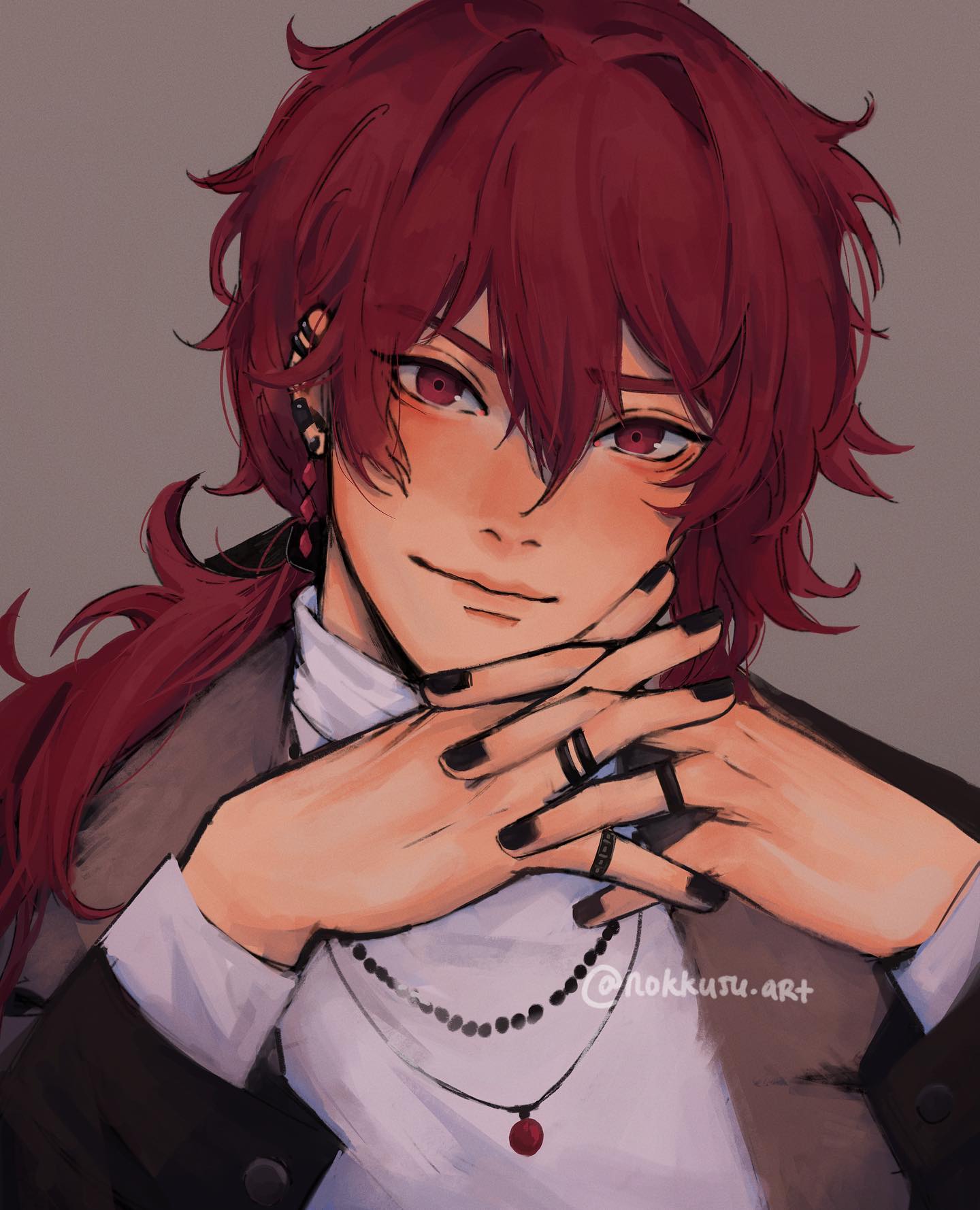 the image is a digital fanart depicting a stylish anime boy with long, vibrant red hair. he's presented in a closeup portrait, his hands elegantly positioned under his chin. he's wearing a white turtleneck, a dark jacket, several rings, a beaded necklace with a pendant, and earrings. his expression is confident and slightly playful, enhanced by subtle blush on his cheeks. the art style is soft and detailed, with a focus on smooth shading and expressive eyes.  the overall aesthetic is sophisticated and modern.