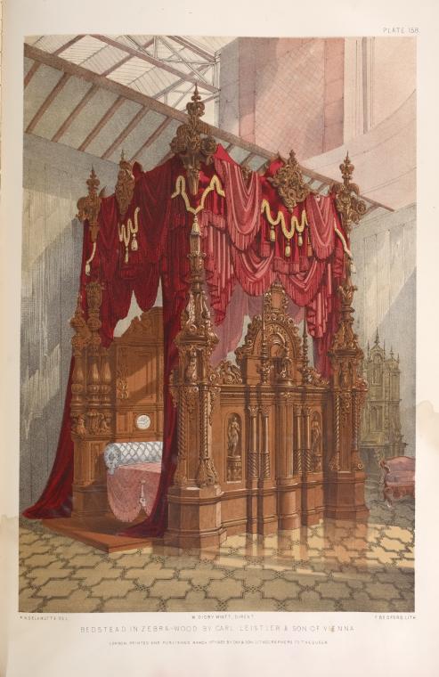 the image shows a detailed illustration of a "bedstead in zebrawood by carl leistler & son of vienna." it features an ornately carved wooden bed with a red canopy, surrounded by elaborate decorations and designs. the artwork captures a glimpse into interior design of the time, showcasing furniture and architectural elements.