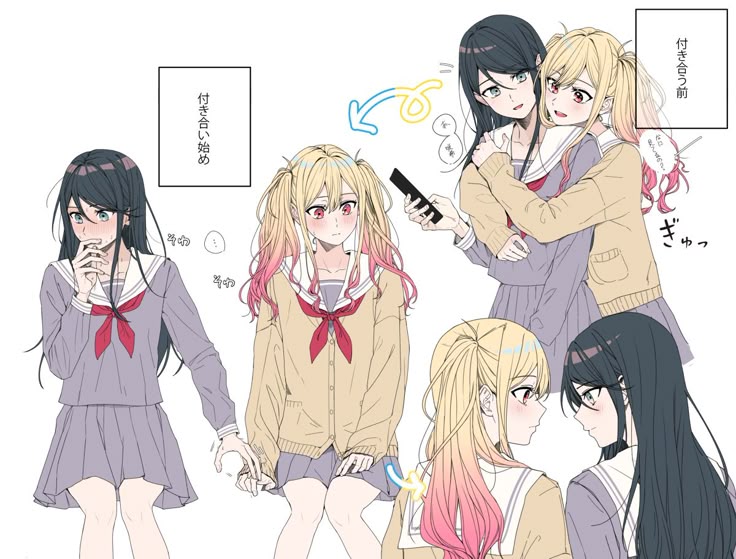 the image shows a cartoon drawing of two anime women in school uniforms at different stages of their relationship. on the left side, they are starting to hold hands and blush. in the center, they are hugging while one holds a phone. at the bottom right, they are looking at each other romantically. there are text bubbles and arrows indicating the progression of their relationship.