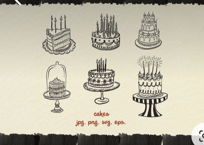 a drawing of six different cakes on a cream background. the cakes are hand drawn with an outline of black ink. the caption "cakes .jpg. .png. .svg .eps." is written in the bottom center.  all cakes have candles on top, and the last cake has fireworks on top.