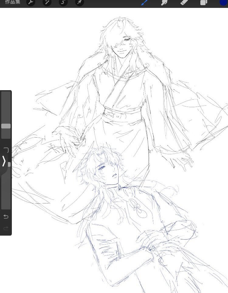 this is a drawing of two anime men in traditional japanese clothing. the man on top is standing and wearing a long robe with his hair flowing down his back. he looks down with an elegant expression. the man on the bottom is lying down and looks more relaxed with his head tilted back. he has long hair and is wearing a similar robe as the man standing above him. the drawing is done in a soft, sketchy style with delicate lines and details. the overall mood of the image is calm and elegant.