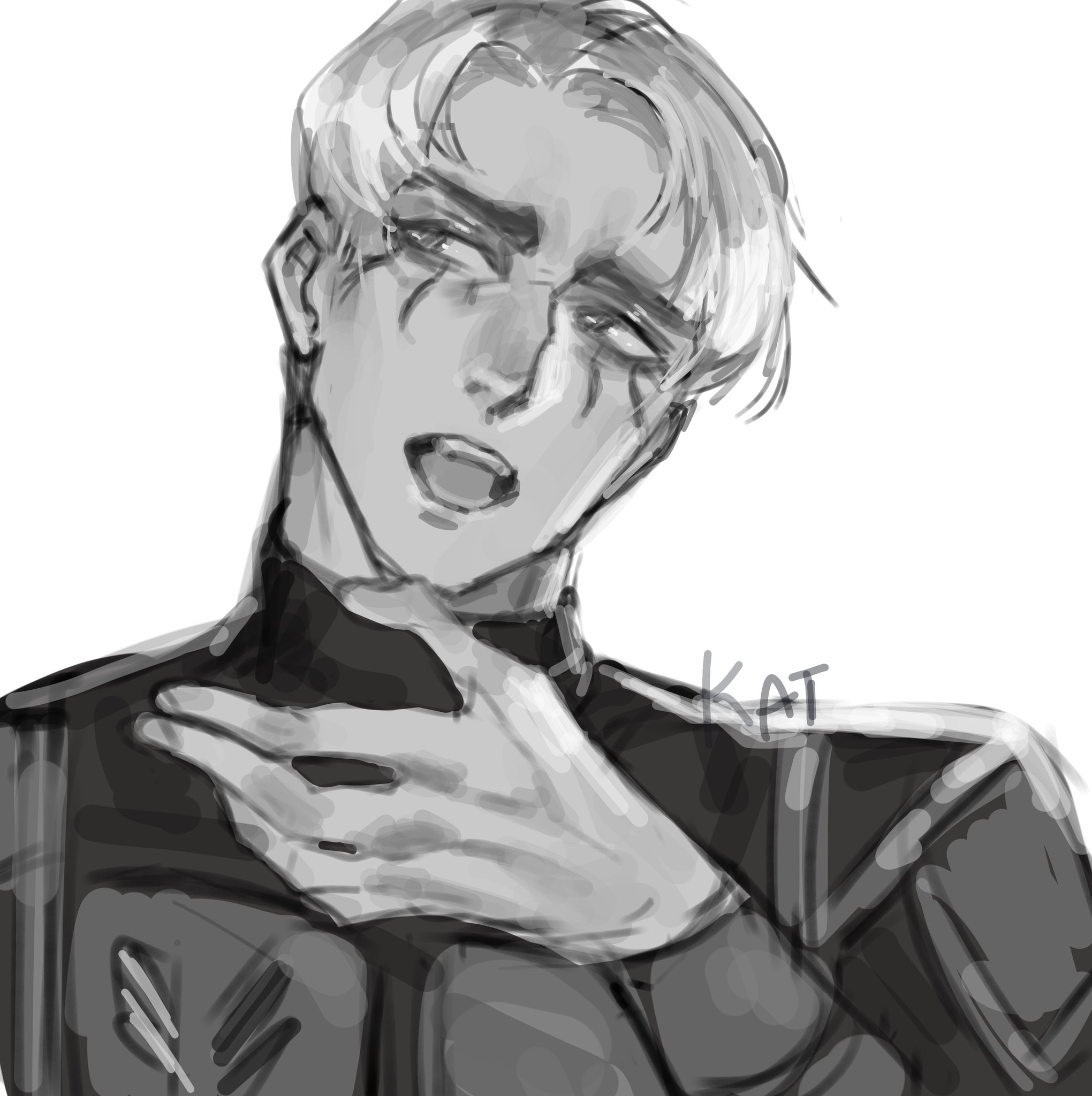 a grayscale sketch of a man with short, lightcolored hair. he's wearing a highcollared jacket or uniform. his expression is dramatic, with his mouth open and his hand near his throat. the style is loose and painterly.  the overall impression is one of intensity and emotion. the artist's signature "kat" is visible in the drawing.