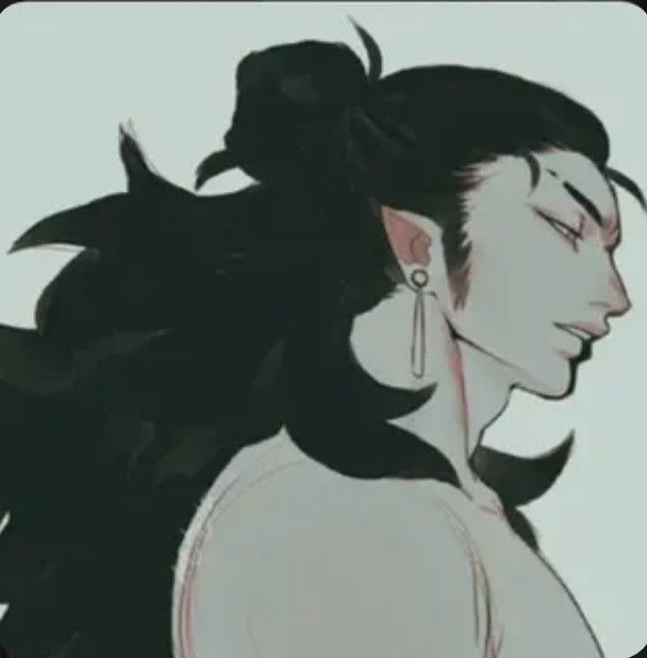 this is a digital illustration of a male anime character. the character has long black hair tied back in a bun, a single earring in his right ear, and is looking to the side. he has a pale complexion and his hair covers most of his face.