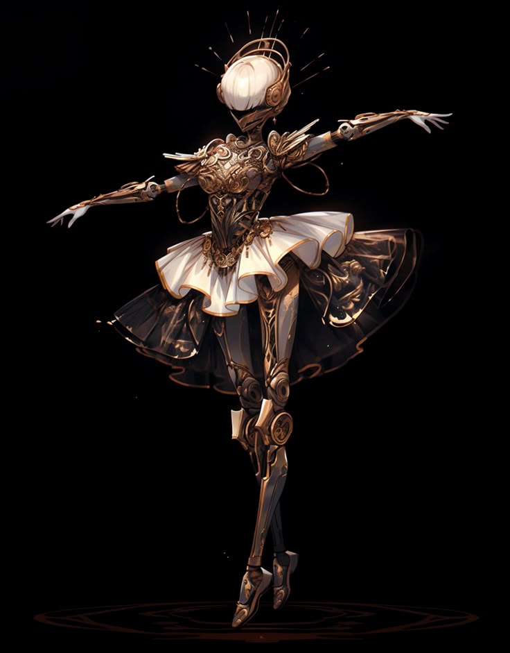 a robot ballerina stands in a ballet pose. it has an ornate, mechanical body made of gold and black materials, a white tutu, and a white headdress. the background is black.