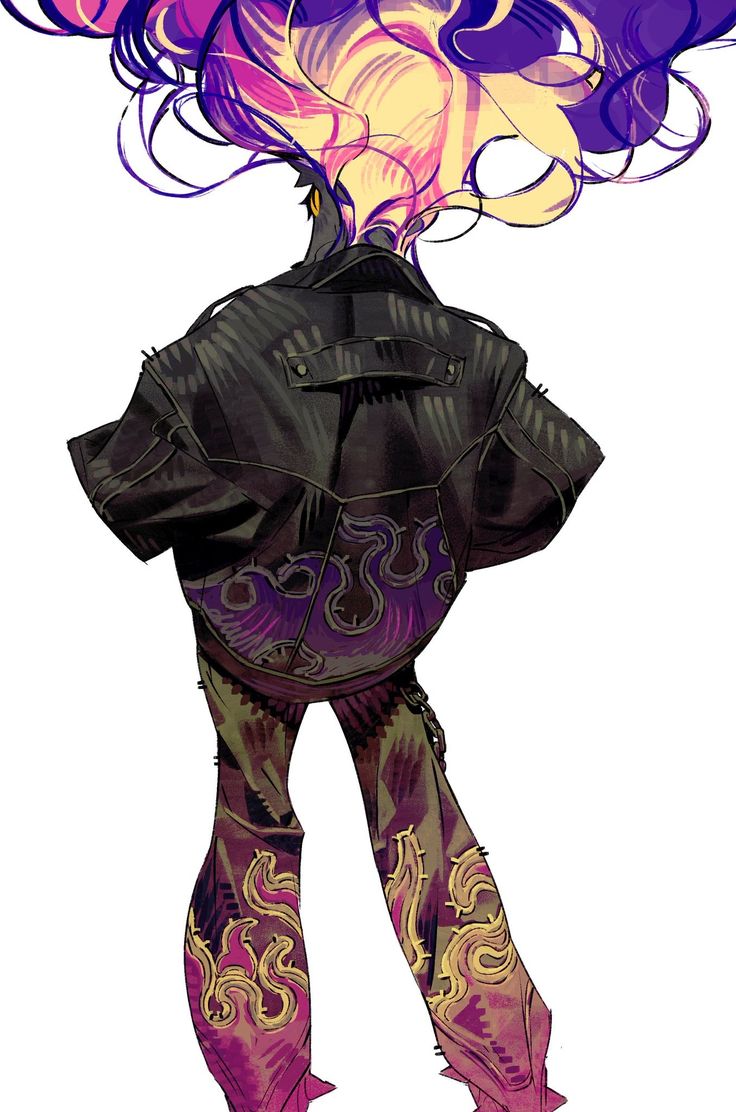 a digital art illustration of a female character. she is wearing a leather jacket with flames on the back and pants that have flames on the legs. her purple hair is flowing behind her as she looks away from the viewer.  the image is a stylish and unique portrayal of a character with a strong and rebellious personality.