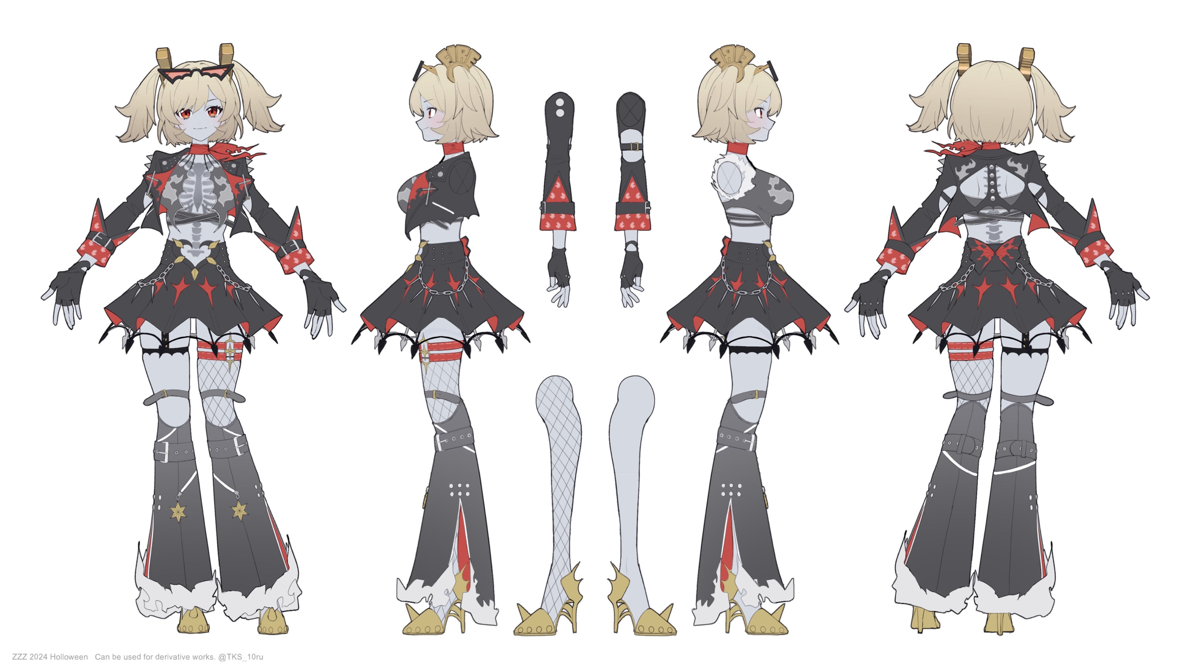 his image shows a detailed model sheet of an animestyle female character designed for a halloween costume.  the character has blonde hair in pigtails, grey skin, wears glasses, and is dressed in a punkrock/gothic lolita style outfit incorporating skeletal elements. the model sheet includes front, side, and back views, as well as detailed views of the clothing and accessories.  the style is reminiscent of concept art for video games or animation. the bottom of the image shows a copyright notice.