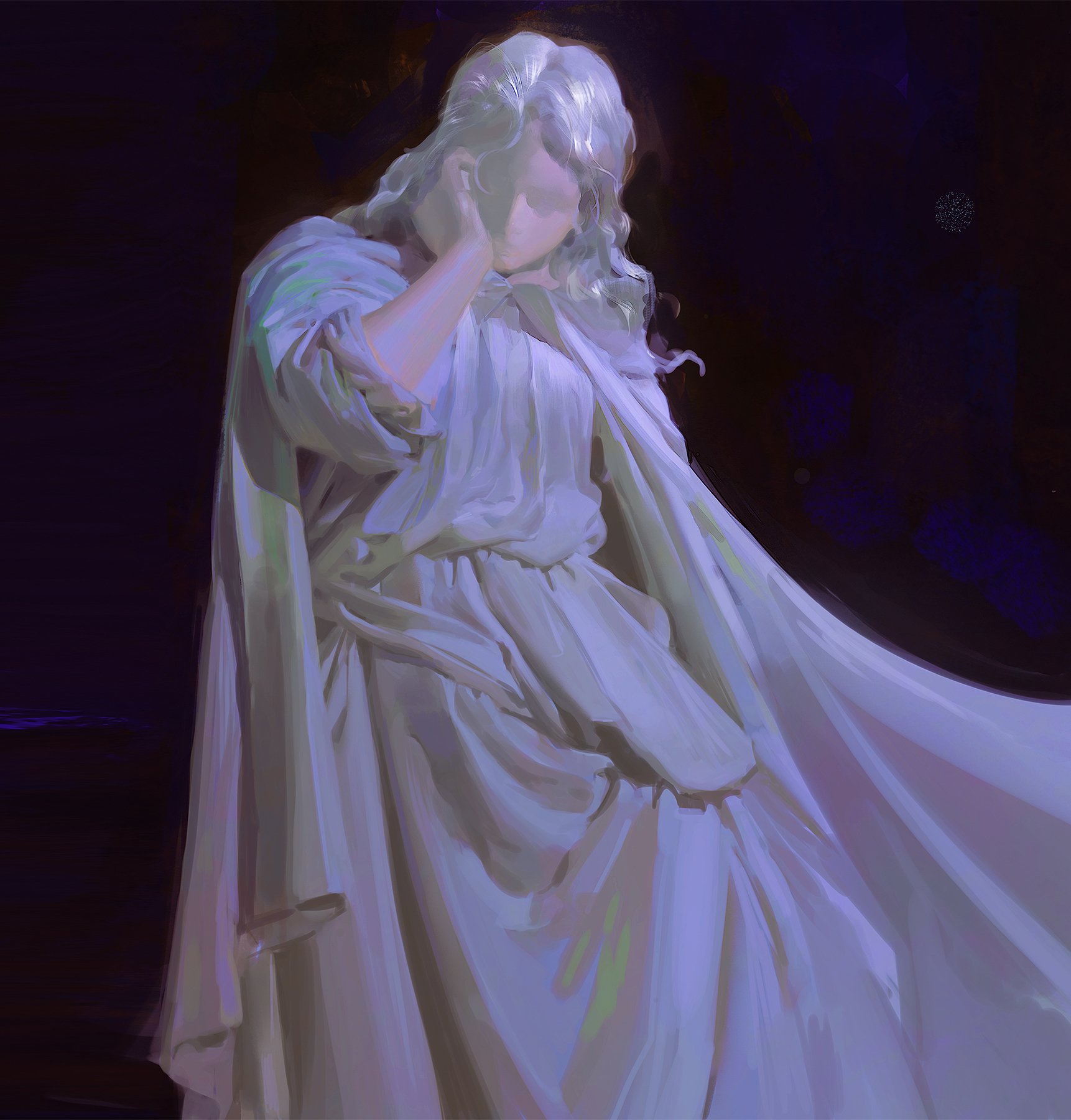 a digital painting of a woman with white hair wearing a white gown and a cloak. she is standing with her head down, and her face is obscured by her hair. she is surrounded by a dark, purple background, and her gown is illuminated by a soft, ethereal glow. the painting has a melancholic and mysterious feel.