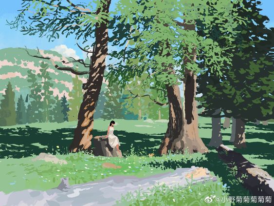 the image is a digital painting of a woman sitting in a forest clearing. she is wearing a white dress and is sitting on a rock. the forest is lush and green, with tall trees and a grassy clearing. there are mountains in the background. the lighting is natural and sunny, creating a warm and inviting atmosphere. the image evokes a sense of peace and serenity.