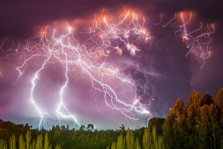 this image is a dramatic shot of lightning striking during a powerful thunderstorm. the lightning bolts are bright white and  the sky is a deep purple color, with dark clouds. the lightning appears to be striking the ground in a forest setting. the photo was taken at night.