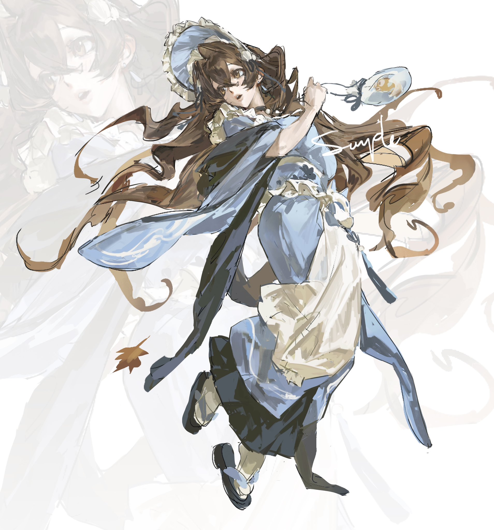 this is a digital painting of an anime girl in a blue kimono and white hat. she is standing with her right leg slightly raised, her left arm raised holding a small white bag with a red and gold design, and her hair flowing behind her. the girl has brown hair and eyes. she looks like a character from a japanese anime.