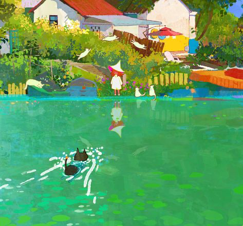 this whimsical illustration shows a young girl standing in a pond with two black cats and two white cats. the pond is surrounded by lush green vegetation and a quaint house with a red roof. the sky is blue with fluffy white clouds. the scene is filled with a sense of peace and wonder.