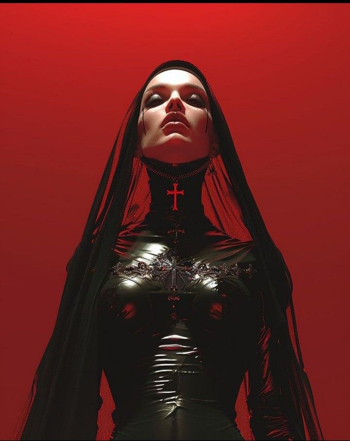a woman in a dark, gothicinspired outfit stares intensely into the camera. her head is slightly tilted back, and she is wearing a black veil that drapes over her head and shoulders, covering most of her hair. the veil has a lacy pattern on it, and the woman's skin appears to be a sickly pale color. she is wearing a black, formfitting dress that hugs her body tightly. the dress appears to be made of a leatherlike material, and