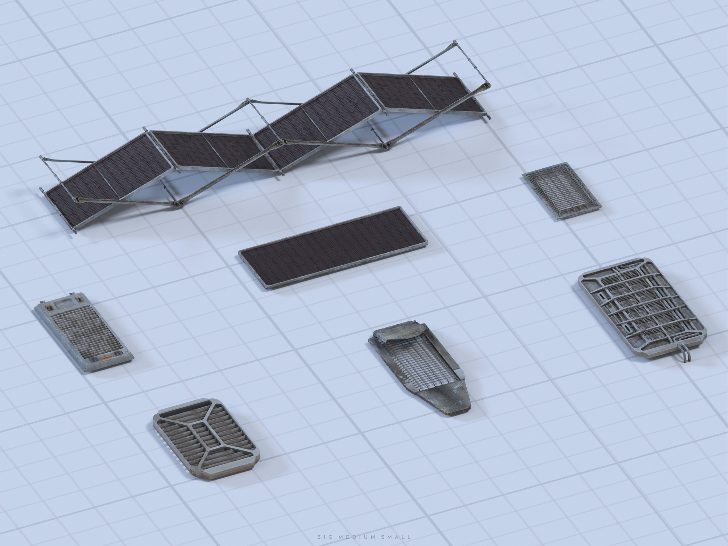 the image is a 3d rendering showcasing various small, metallic industrial components.  these include several types of metal grating pieces, a foldable platform or scaffolding structure, and rectangular plates. the components are arranged on a gridded background resembling a blueprint or technical drawing, providing a clean, technical aesthetic.  the overall style is minimalist and focuses on the details and textures of the metallic elements. the image appears to be a product shot, perhaps showing different parts of a larger system or machine.