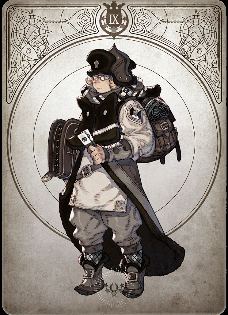 the image depicts a single character against a stylized, art nouveauinspired tarot card background. the character, potentially female, is dressed in detailed winter clothing with various pouches and bags, suggesting a traveler or adventurer. they hold a small stack of cards and wear a determined expression. the color scheme leans heavily on a monochromatic palette with slight variations in gray and sepia tones. the overall effect is one of intricate detail and a sense of fantastical exploration.