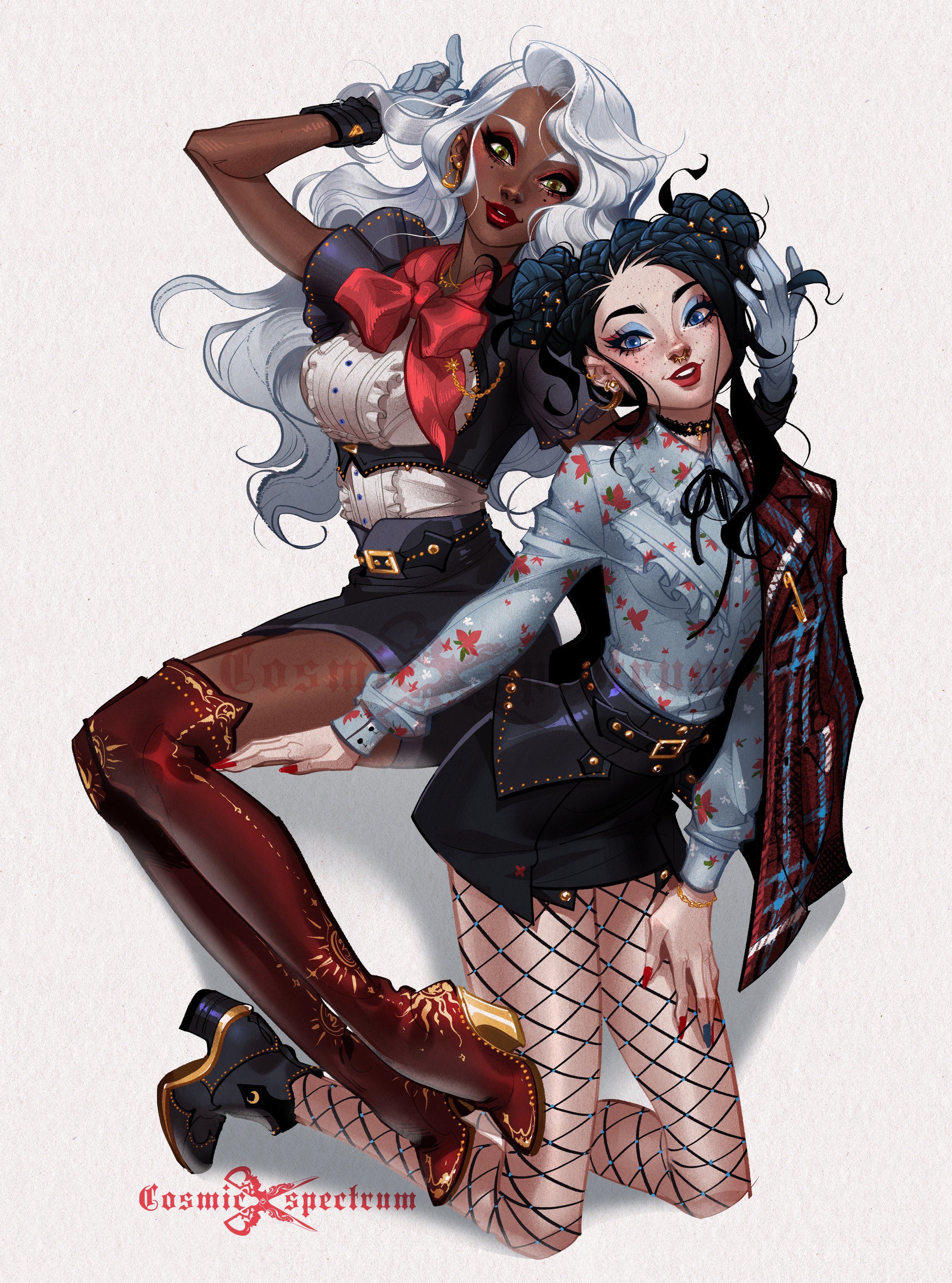 this digital painting showcases two animestyle girls in dynamic poses. one has long, flowing white hair and is wearing a stylish black and white outfit with a striking red bow and tall red boots. the other girl has dark hair styled in buns and sports a more casual look, with a light blue floral shirt, dark shorts, fishnet stockings, and brown boots. their clothing is detailed and features various accessories such as belts and jewelry. the overall style is vibrant and energetic, emphasizing the dynamic nature of the girls' poses and their expressive faces.  the background is simple and white, drawing attention to the detailed figures and their outfits. the artwork is signed by "cosmic spectrum" in the lower left corner.