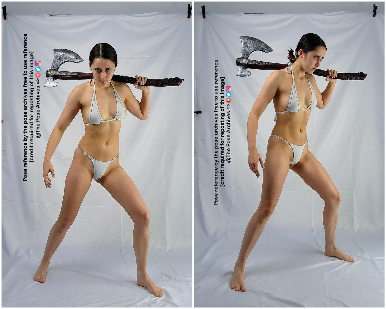 the image shows a woman in a white bikini posing with a doubleheaded axe against a white studio background.  she is shown in two different stances, both conveying strength and action. the lighting is even and artificial, typical of a studio environment.  the image is labelled as a pose reference and credits the source "the pose archives."