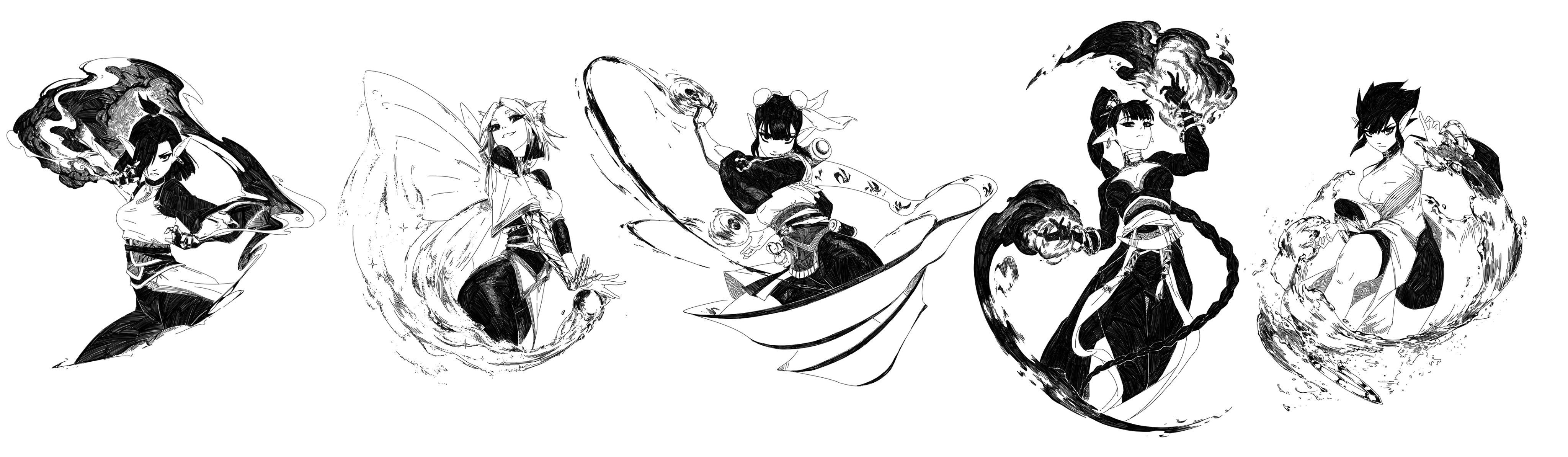 he image is a black and white ink drawing of five animestyle female characters, each seemingly associated with a different element. the characters are depicted in dynamic poses, with swirling lines and splashes suggesting the movement of water, fire, wind, and earth around them.  each character has a distinct design and expression, showcasing a blend of power and grace. the overall style is reminiscent of manga or anime artwork.