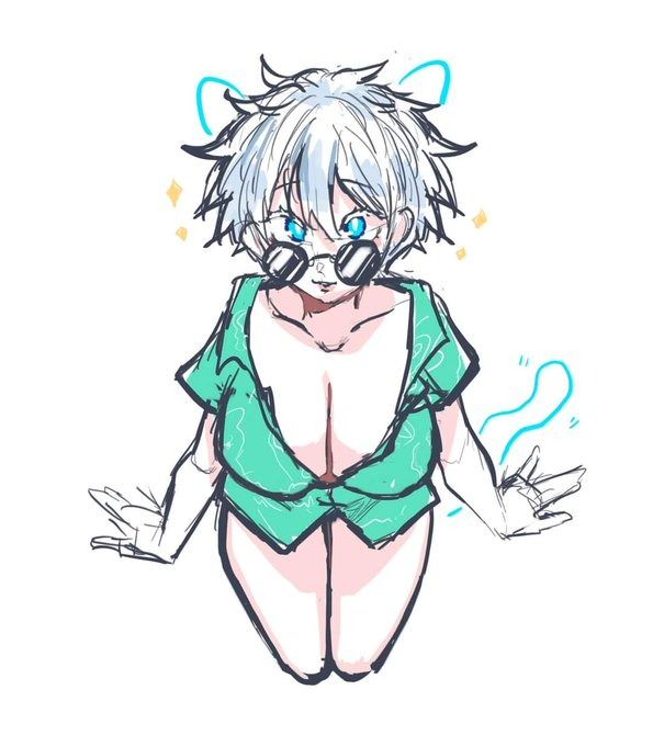 the image is a digital drawing or sketch of an animestyle female character. she has short, white hair, blue eyes, and is wearing sunglasses.  she also has small, light blue cat ears. her top is a loose teal shirt that's open, revealing cleavage. she's kneeling and has a playful, slightly suggestive pose. the art style is loose and sketchy, with visible brush strokes. there's a lighthearted and slightly whimsical quality to the drawing.