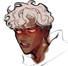 a stylized portrait of a man with curly white hair and glowing red eyes. he has a scar on his face and is frowning. he is wearing an earring.