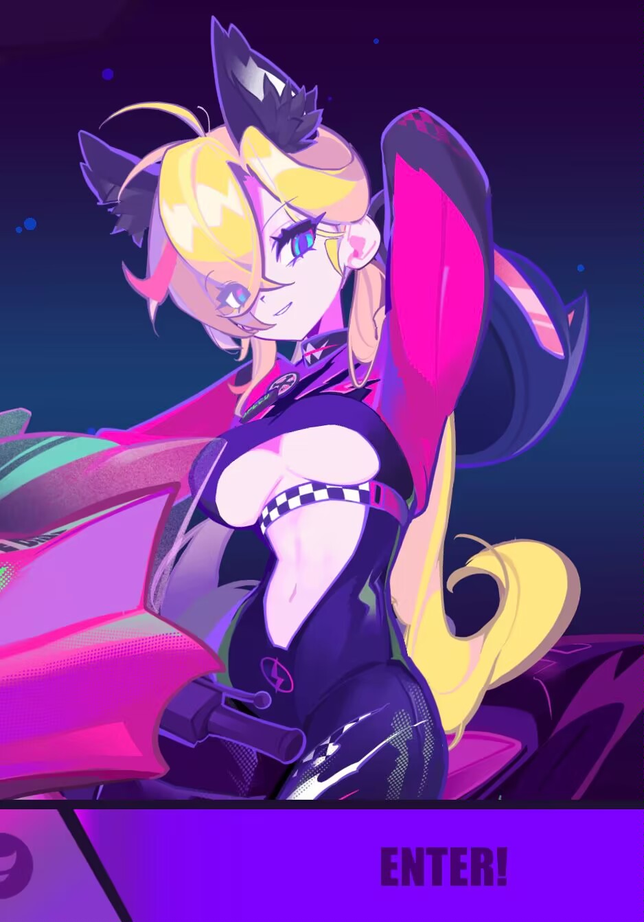 this is an animestyle illustration of a young woman wearing a racing suit with cat ears and riding a futuristic neoncolored motorcycle. the background is a dark blue with neon lights. the woman's hair is blonde and her eyes are blue. she has a determined expression on her face.