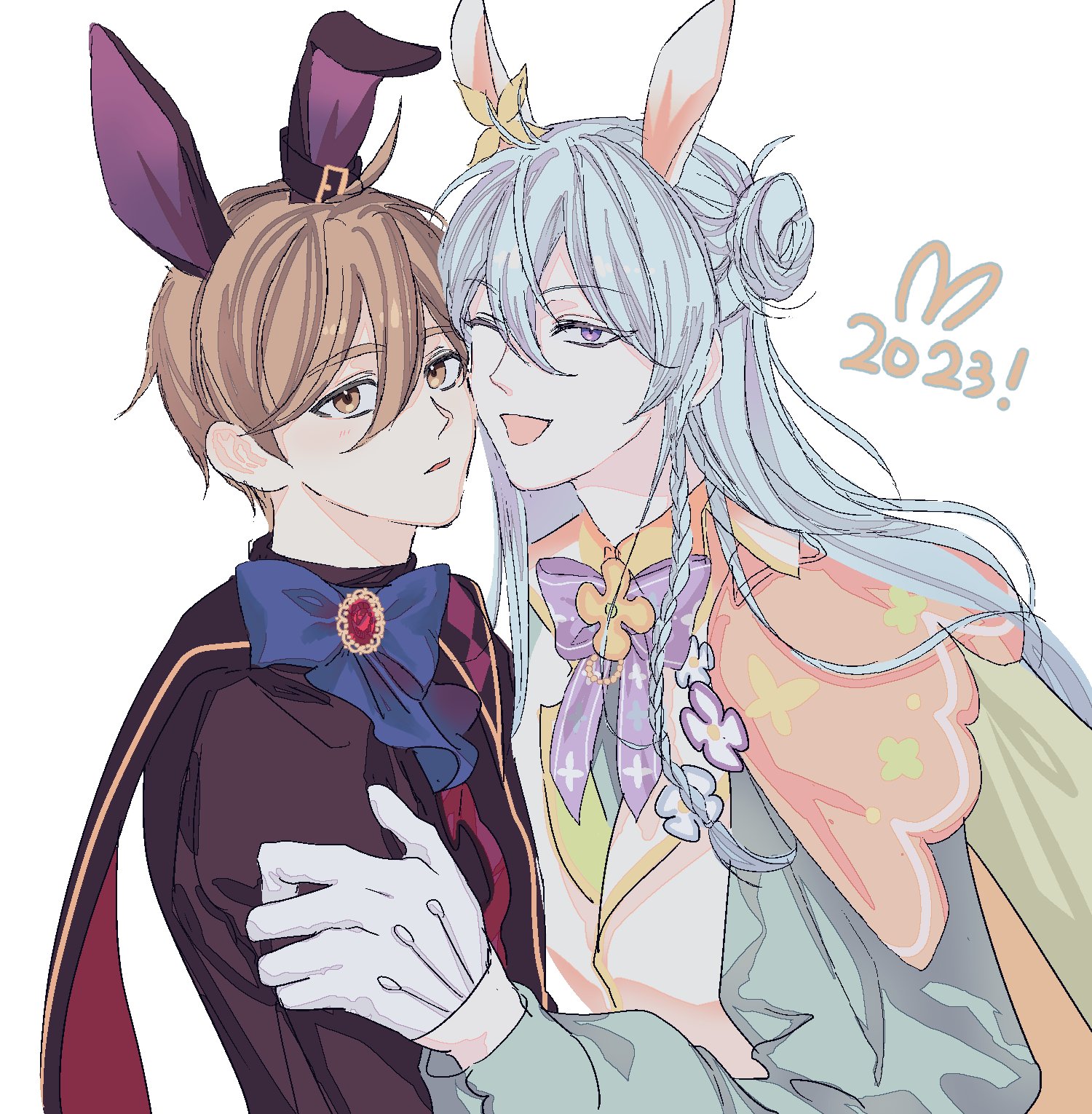 this is a digital illustration of two anime boys. they are both drawn in a cute style, with soft features and bright colors. one boy is wearing a black and red magician outfit with bunny ears and a blue bow tie. the other boy is wearing a pastel green and pink outfit with white bunny ears and a purple bow tie. they are hugging each other and smiling. the image is set against a white background and includes a "2023" new year greeting with bunny ears.