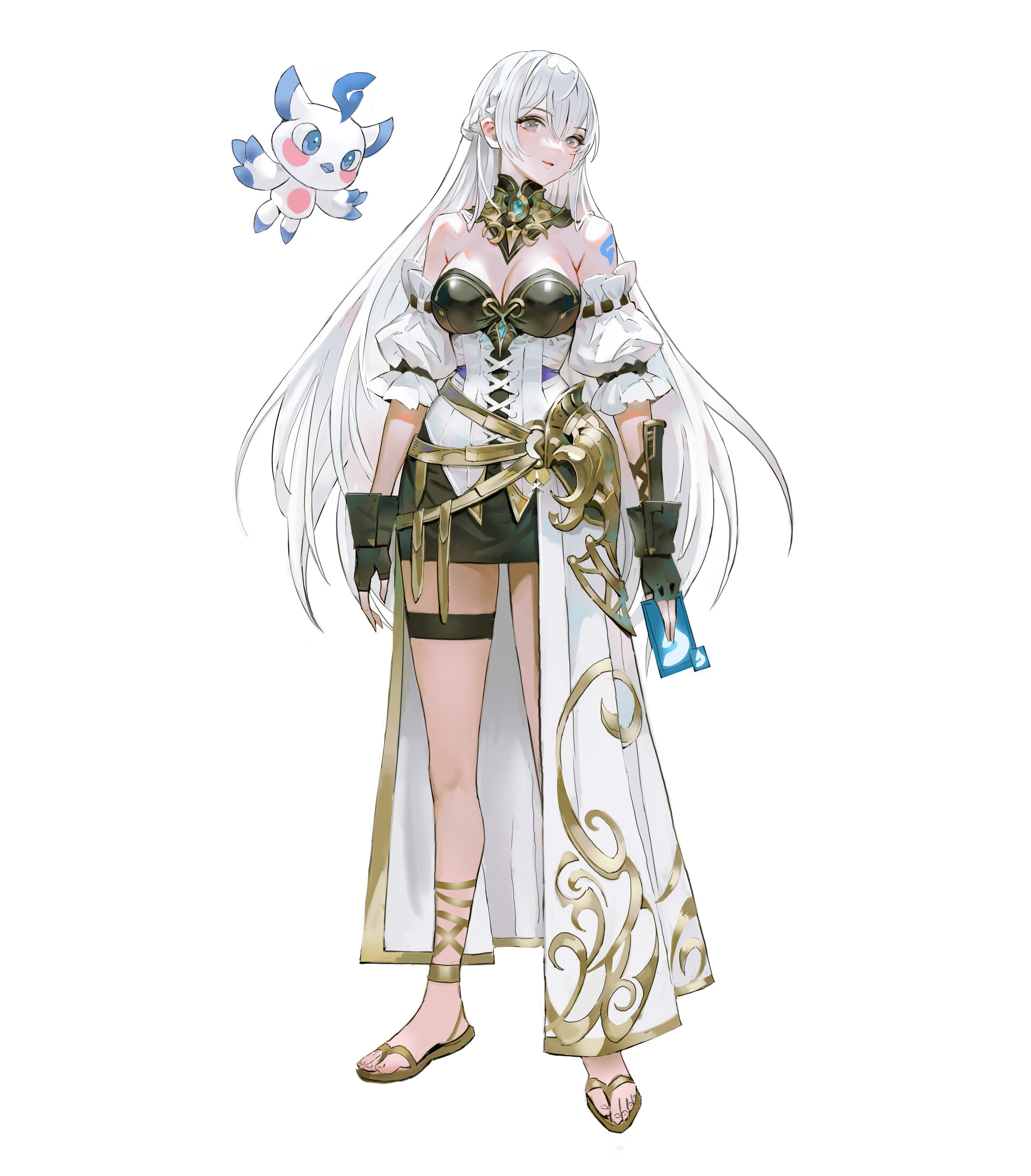 a full body image of an anime girl character with white hair and grey eyes, wearing a white dress with gold details, sandals, and jewelry. a small, blue and white cartoon animal is floating near her head. the background is plain white.