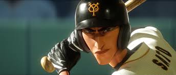 a closeup shot of a baseball player in midswing. he wears a black and white uniform with a black helmet featuring a gold logo. the player's face shows intense focus and determination. the background is blurry, emphasizing the player's movement and expression. the bright sunlight suggests a daytime game.