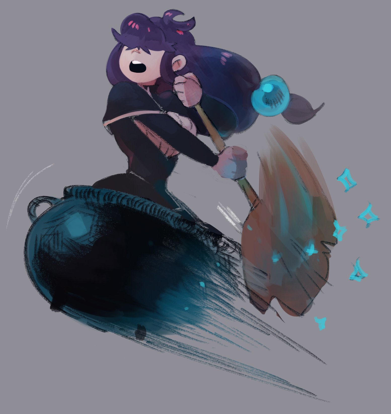 a witch with purple hair and a black dress flies on her broom, holding a cauldron with blue sparkles and stars coming out from it. she is holding a wooden broom with blue and green streaks coming off of it. the witch looks like she is laughing and is about to have fun on her journey. the background is a muted grey.