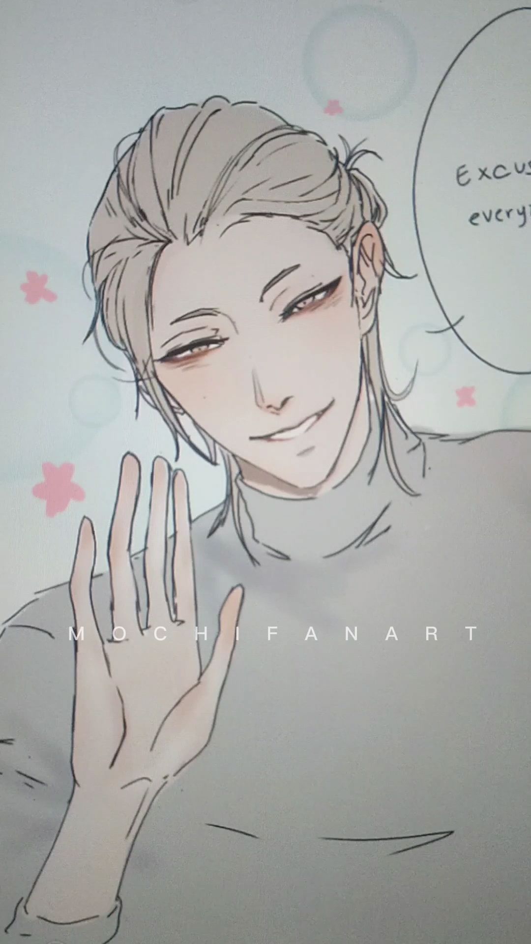 the image is a digital drawing or sketch of an animestyle male character.  he has lightcolored hair pulled back in a low bun, pale skin, and is wearing a grey turtleneck. he is shown from the chest up, waving with one hand while a speech bubble next to him says "excuse me everyone". the style is soft and delicate, with pastel coloring and subtle shading.  the overall mood is calm and gentle.  the artist's watermark, "mochifanart", is faintly visible in the image.