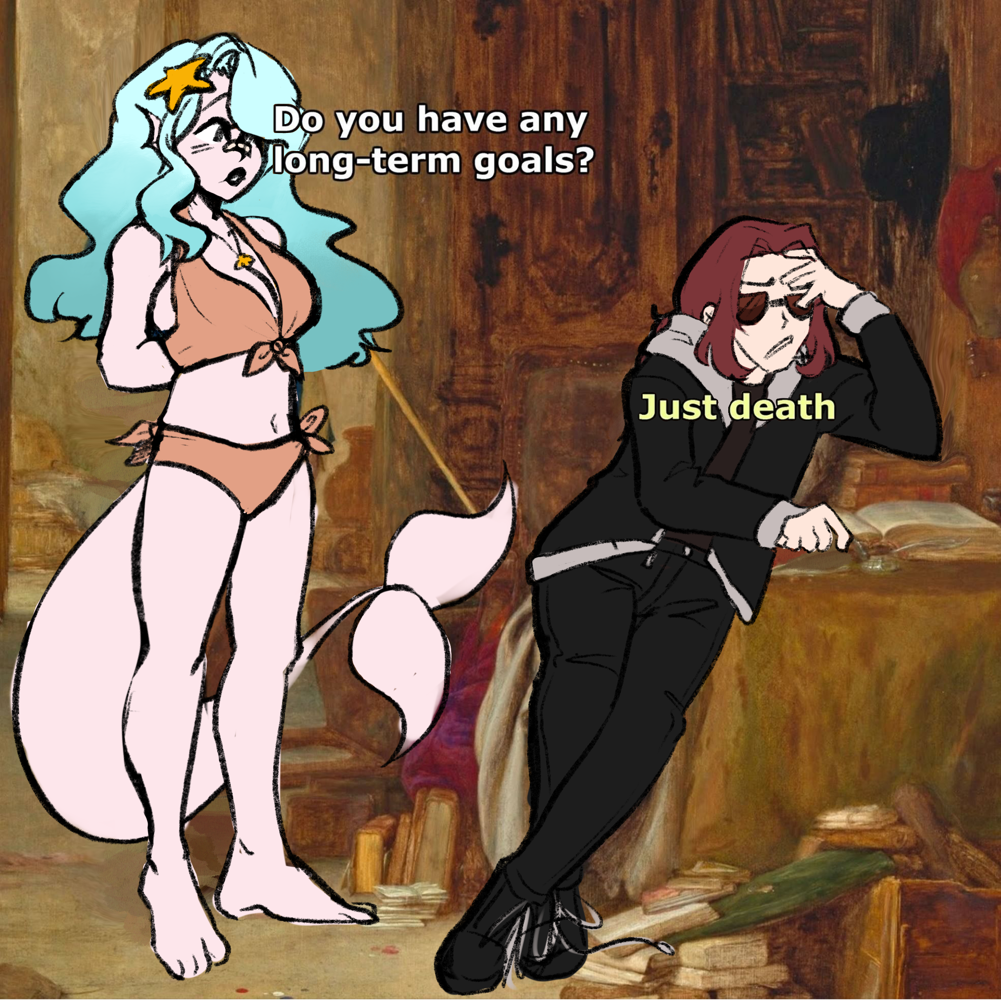 the image shows a mermaid character with light blue hair and a pink bikini top and bottom.  she is asking "do you have any longterm goals?". there is also a goth character with brown hair, black sunglasses, black pants, a black jacket, and a white undershirt. they are hunched over some books and their word bubble says "just death". the background looks like an old painting and has a lot of brown, yellow, and orange.