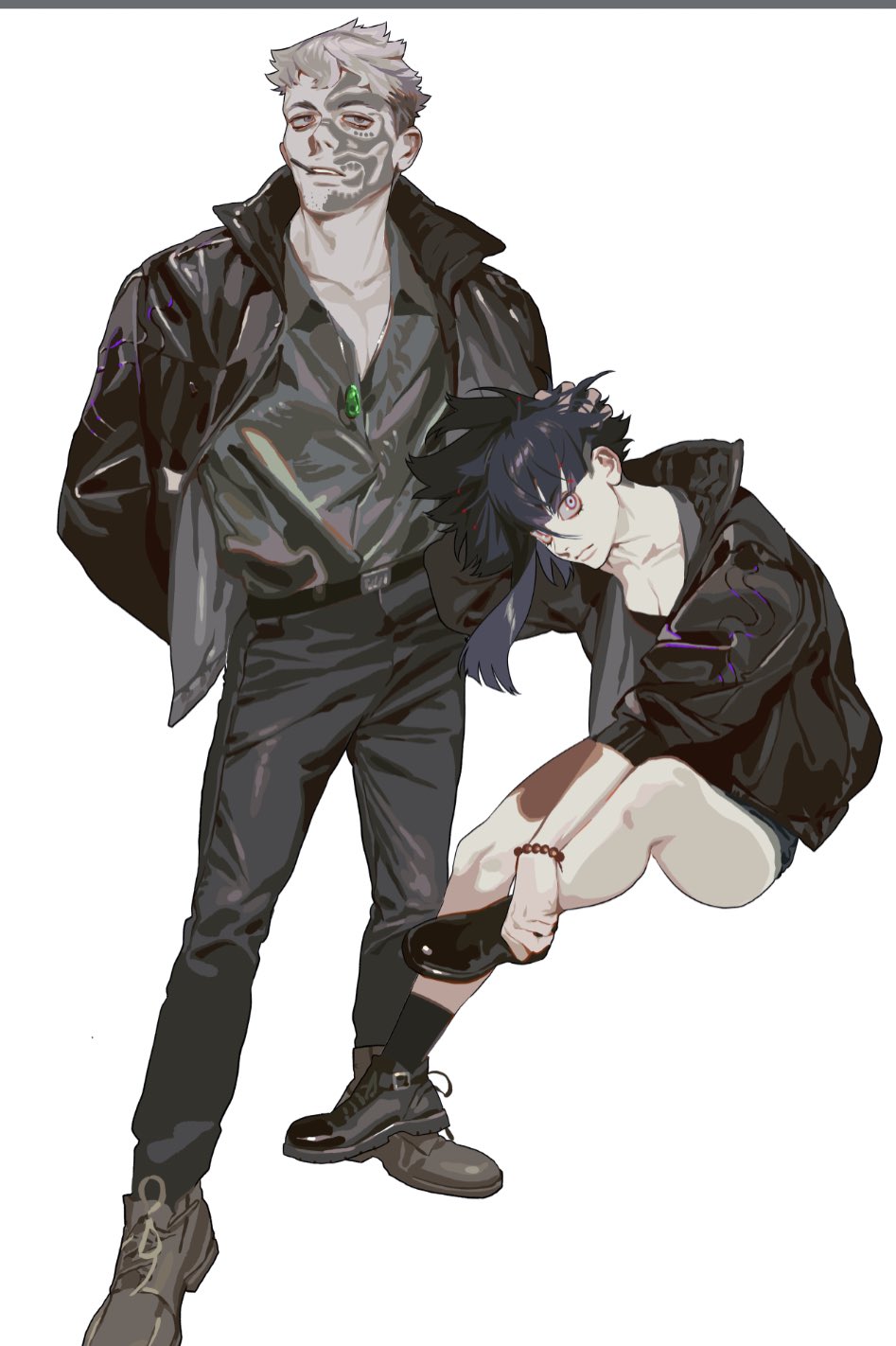 the image depicts two animestyle figures. a taller man stands on the left, wearing a black leather jacket, dark shirt, black pants, and boots. he has grey hair and a tattoolike design on his face. a necklace with a green pendant hangs from his neck. a second figure sits on the right side, wearing a black hoodie and shorts, putting on a black shoe. they have dark hair and a bracelet on their ankle. the background is plain white.