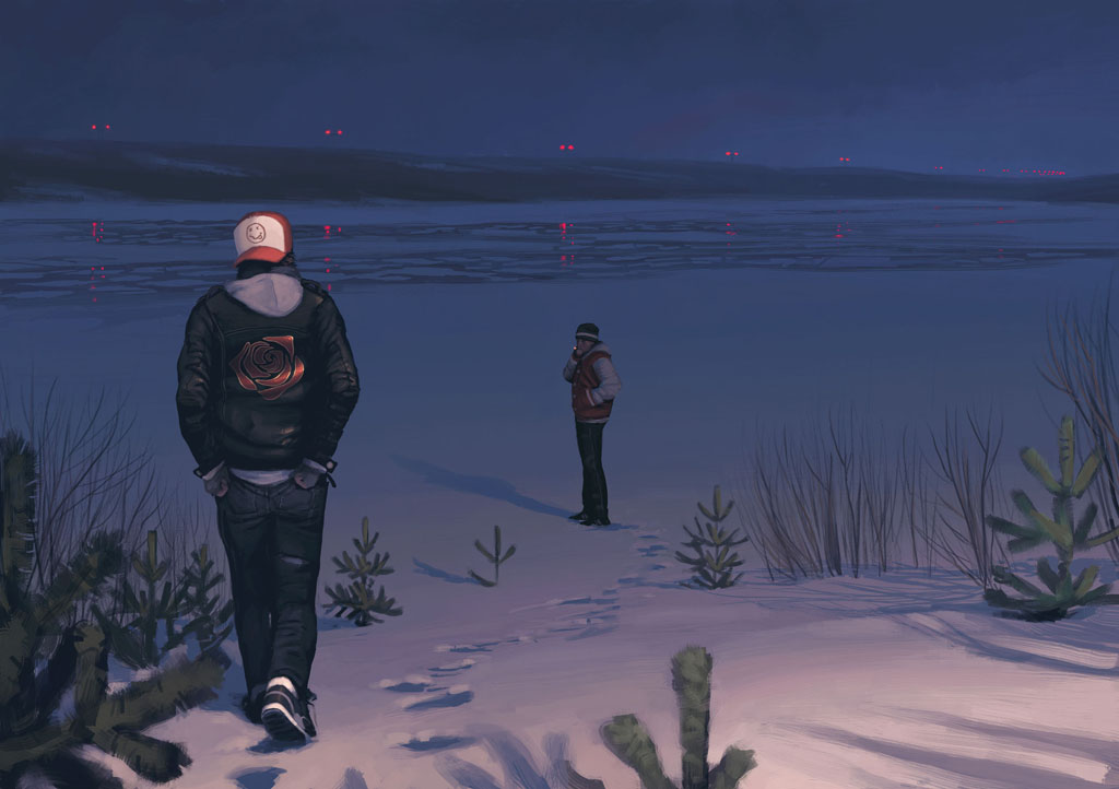 two men wearing jackets stand in the snow near a frozen lake in the evening. the man in the foreground is wearing a cap, while the man in the background has a red vest on. trees and bushes are seen along the snowcovered ground, while a faint glow of light is seen in the background, reflecting on the lake.