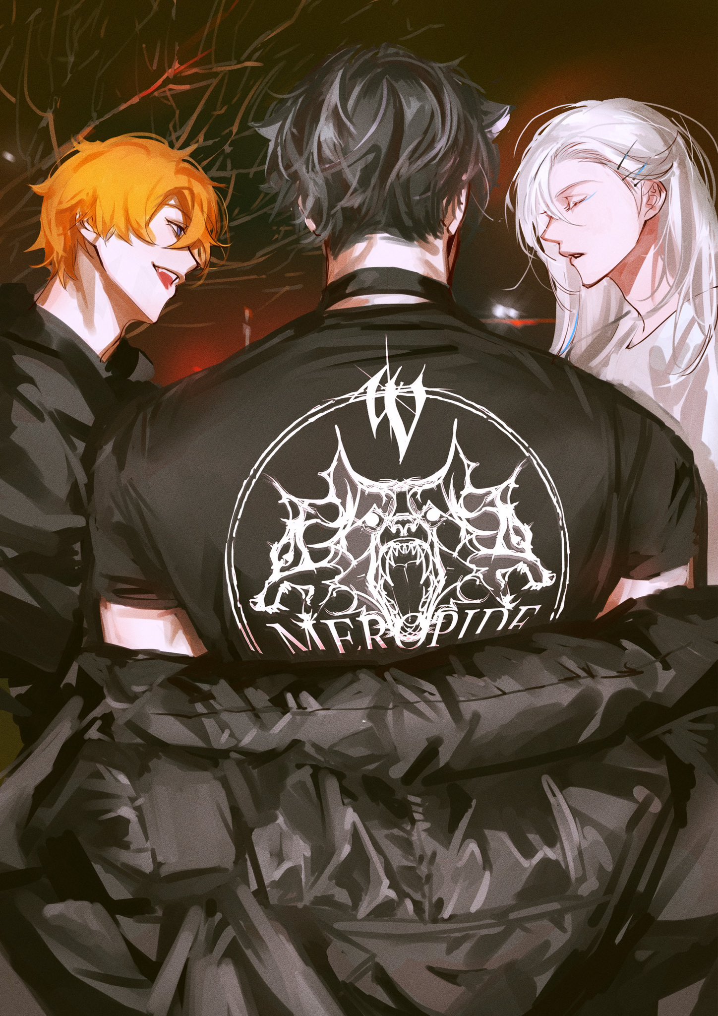 this is a digital art illustration of three anime characters. the character in the middle is a male with black hair, wearing a black jacket, and a black band shirt with a wolf head design.  the character on the left is a male with orange hair, wearing a black jacket, and a black shirt.  the character on the right is a female with white hair wearing a white shirt. they appear to be looking at each other, and are in a dark setting with a shadowy background.