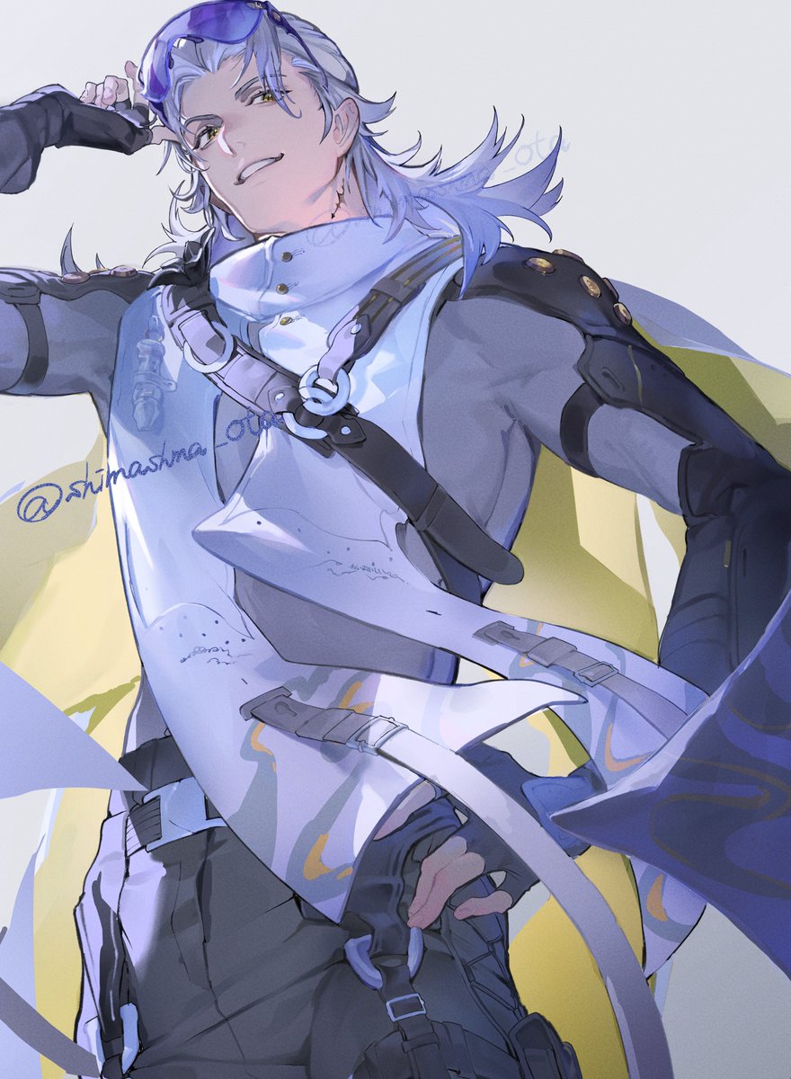 the image is a digital illustration of a male anime character. he is wearing a white shirt, a yellow jacket, and black pants. he is also wearing a pair of sunglasses. the character has white hair and blue eyes, and he is smiling. he is standing in a confident pose, with one hand on his hip and the other hand holding up his sunglasses. the background is a light blue color, and the illustration is drawn in a very detailed and realistic style.