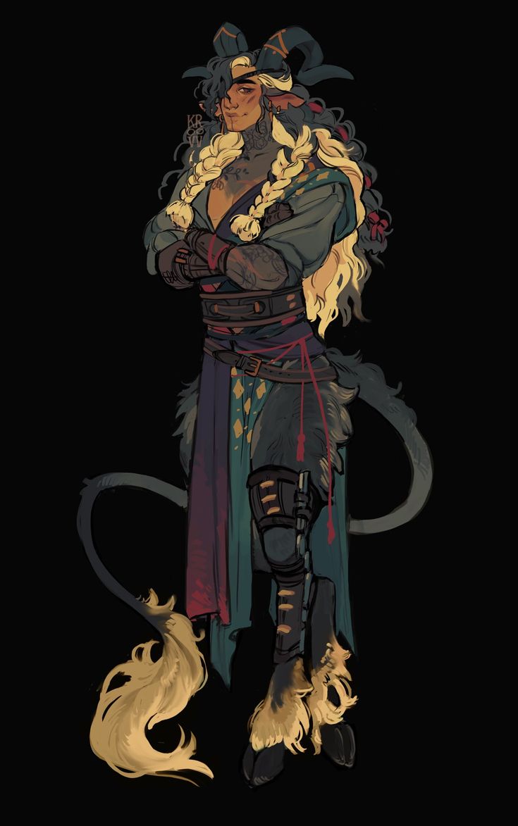 the image is a digital painting of a stylized fantasy character. the character appears to be a satyr, a humanoid creature with goatlike features. they have horns, a long, blonde braided tail, and furlike detailing on their lower legs and tail.  the character is wearing a mix of clothing styles, including a dark teal top, a purple and teal garment, and leg armor.  they have several tattoos visible on their arms and chest, and a confident, armscrossed pose. the background is plain black, allowing the character to stand out.  the art style is painterly and slightly rough, giving it a slightly gritty or textured look.
