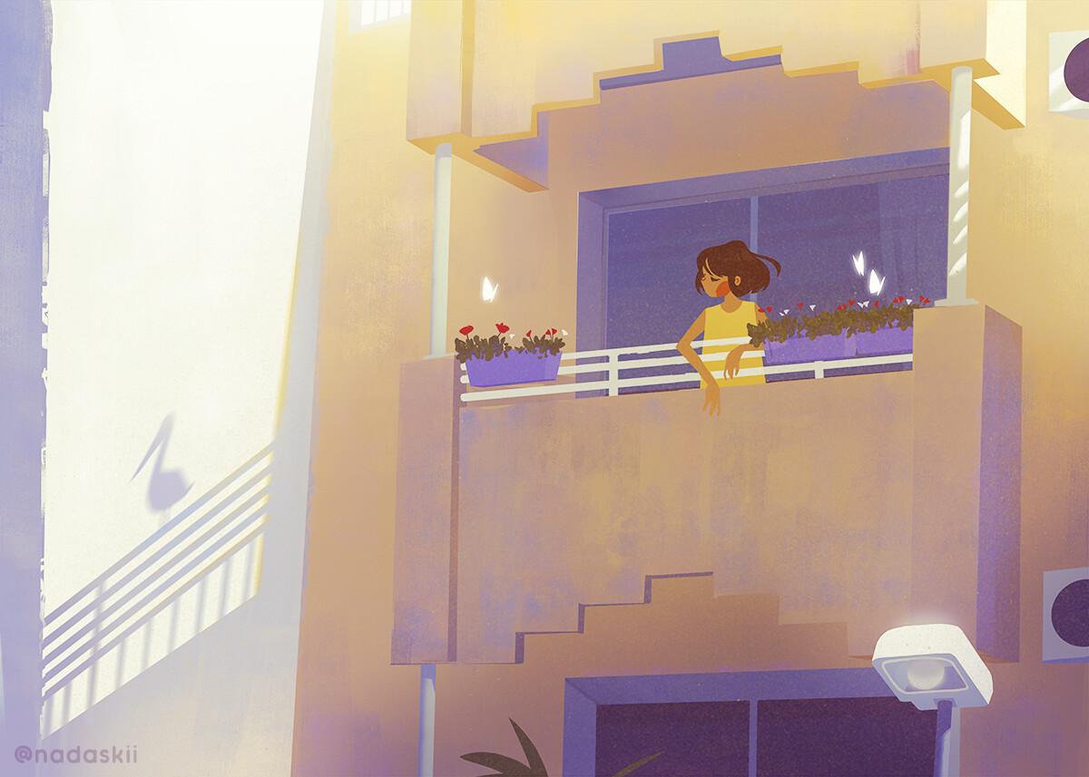 a colorful illustration of a young girl standing on a balcony with her back to the viewer. she is wearing a yellow shirt and has brown hair. the balcony is decorated with flowers and is located on the top floor of a building. there are other balconies on lower floors of the building. the sun is shining brightly and there is a shadow of a bird on the wall. the image is drawn in a cartoon style.